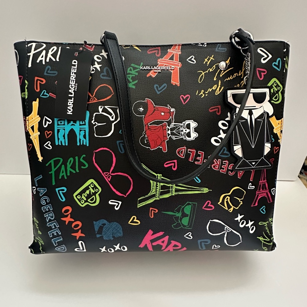 Karl Lagerfeld black & multicolor shoulder purse tote graffiti faux leather